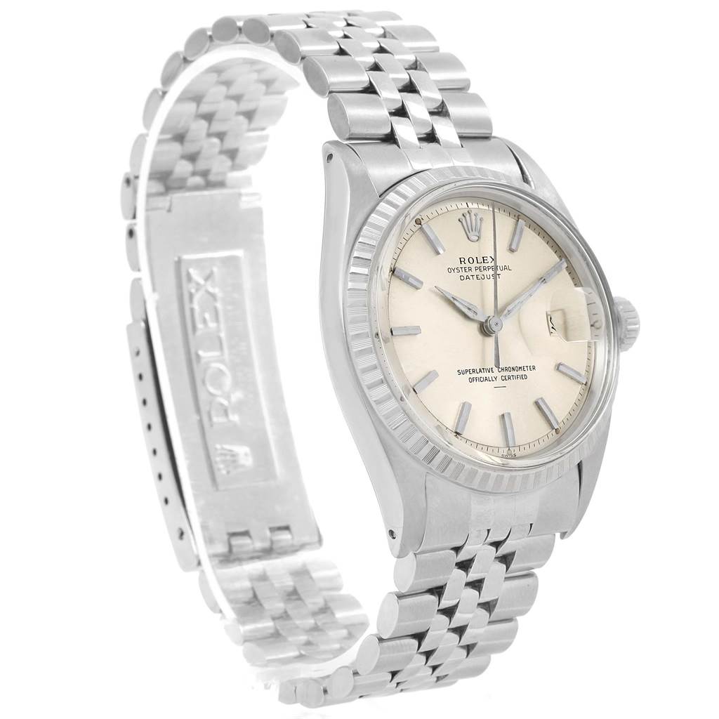 The image shows a side-angle of a Rolex Vintage Collection 1603 Men's Stainless Steel Silver Dial 1603 Men's Stainless Steel Silver Dial watch, highlighting its dial, bezel, and metal bracelet.