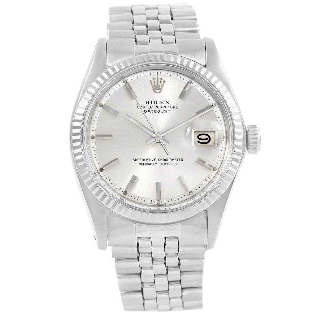 This image shows a front view of the Rolex Vintage Collection 1601 Men's Stainless Steel Silver Dial 1601 Men's Stainless Steel Silver Dial Datejust watch, displaying its dial, bezel, bracelet, and date feature.