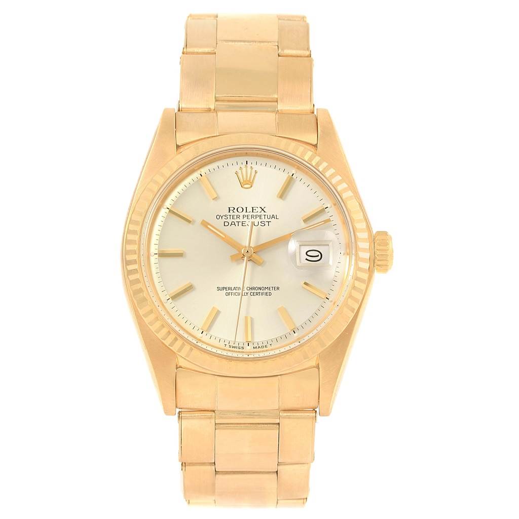 The image shows a front view of the Rolex Vintage Collection 1601 Men's Yellow Gold Silver Dial 1601 Men's Yellow Gold Silver Dial Datejust, displaying the dial, bracelet, and crown.