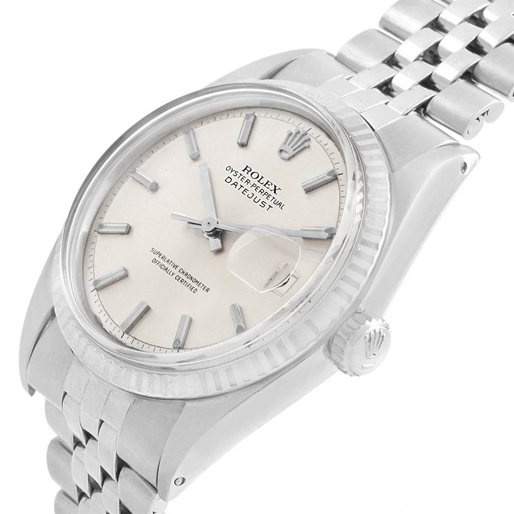 The Rolex Vintage Collection 1601 Men's Stainless Steel Silver Dial 1601 Men's Stainless Steel Silver Dial Datejust model is shown from a front angle, highlighting its dial, hands, crown, and part of the bracelet.