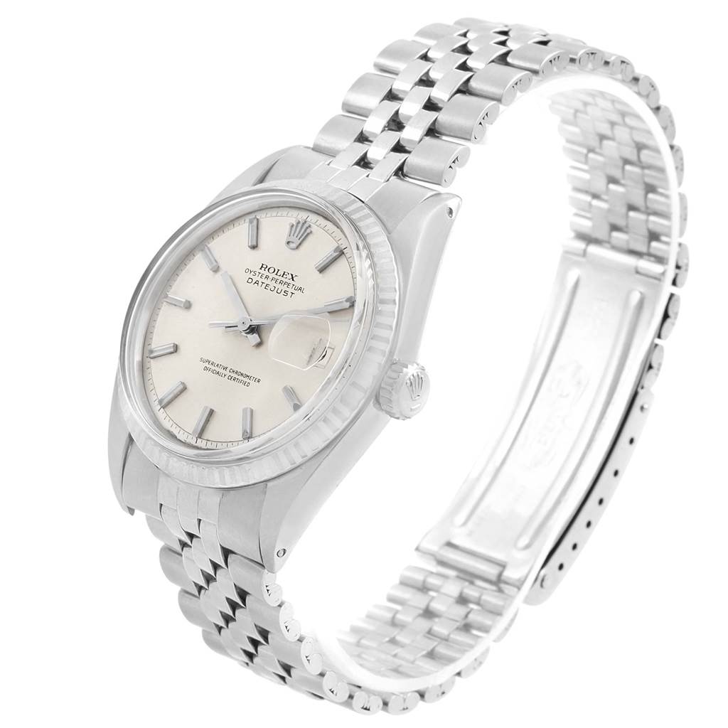 This image shows a Rolex Vintage Collection 1601 Men's Stainless Steel Silver Dial 1601 Men's Stainless Steel Silver Dial Datejust watch at a side angle, highlighting the face, bracelet, and crown.