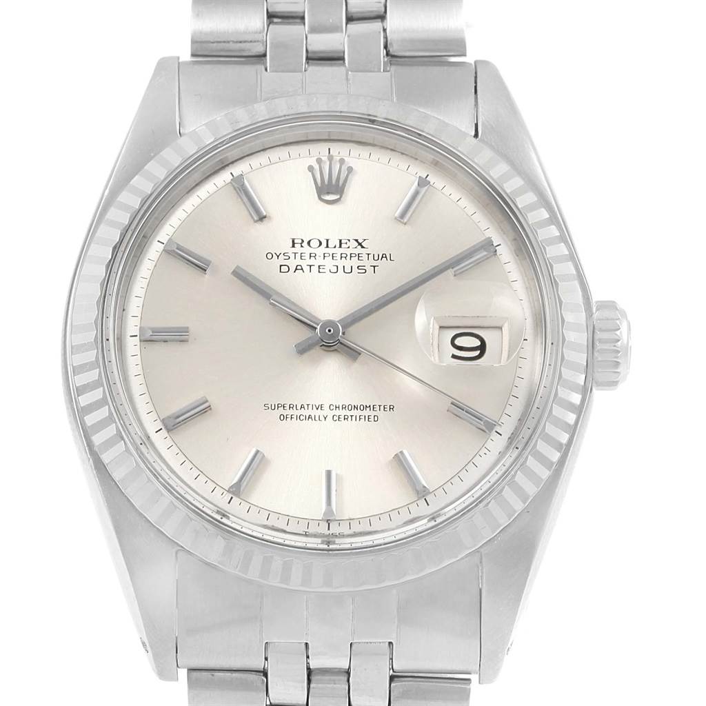 The image shows a front view of a Rolex Vintage Collection 1601 Men's Stainless Steel Silver Dial 1601 Men's Stainless Steel Silver Dial Datejust watch, highlighting its dial, bezel, and bracelet.