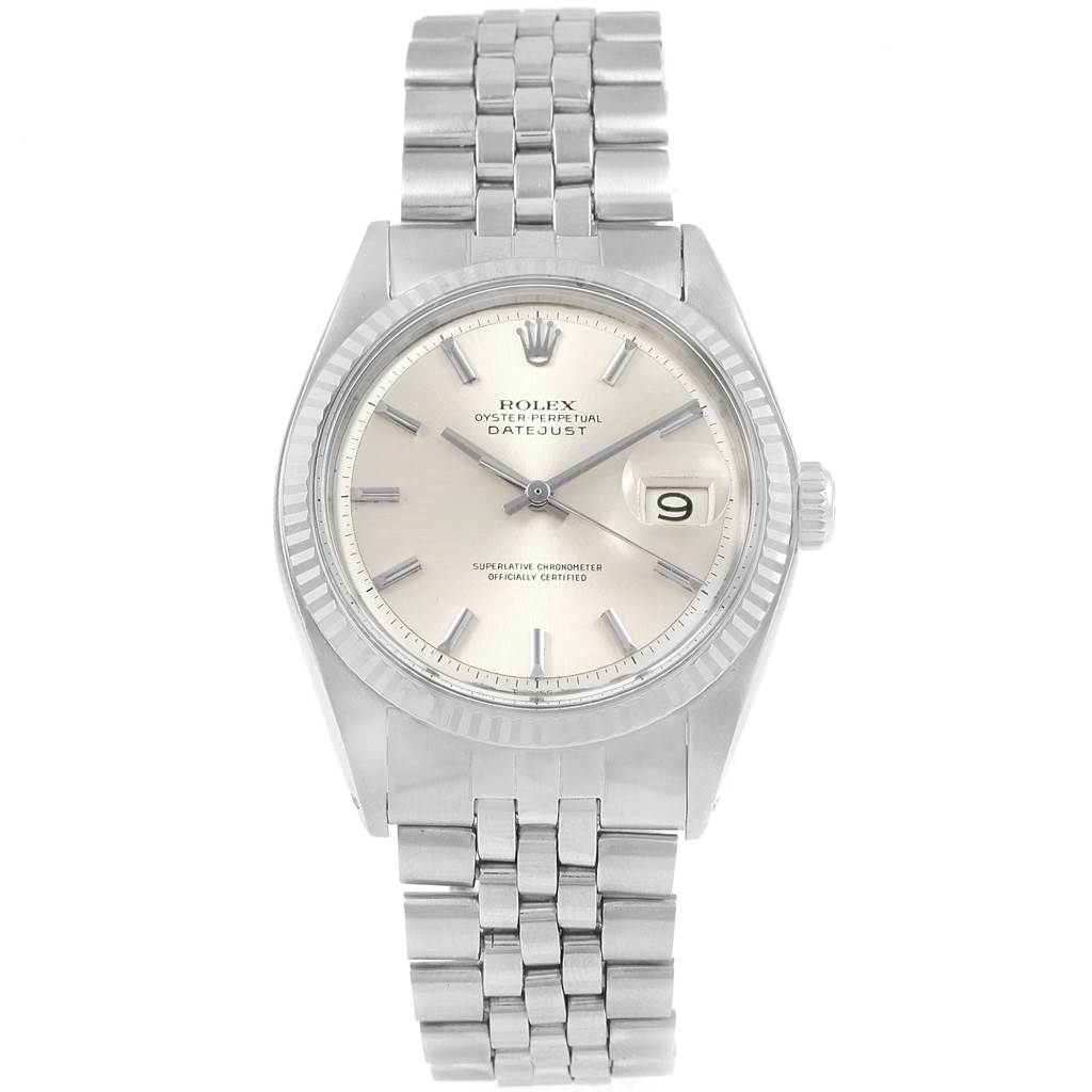 The image shows a front view of the Rolex Vintage Collection 1601 Men's Stainless Steel Silver Dial 1601 Men's Stainless Steel Silver Dial Datejust watch, emphasizing its dial, bezel, and bracelet.