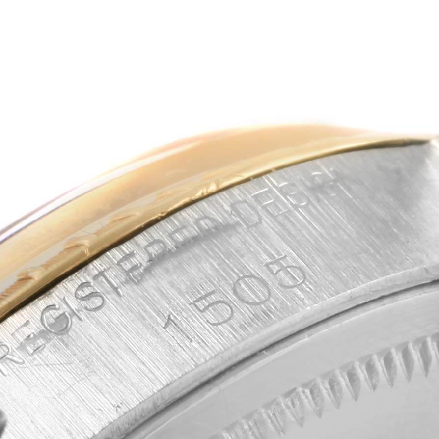 The image shows a close-up of the engraved case back and edge of a Rolex Vintage Collection 1505 Men's Stainless Steel Champagne Dial 1505 Men's Stainless Steel Champagne Dial watch.