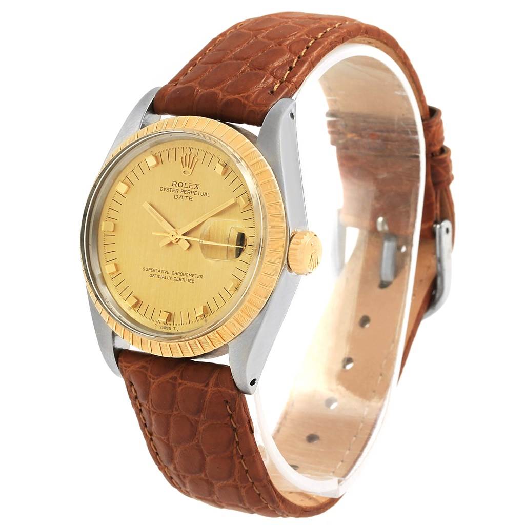 The image shows a Rolex Vintage Collection 1505 Men's Stainless Steel Champagne Dial 1505 Men's Stainless Steel Champagne Dial watch at an angle displaying its face, bezel, crown, and brown leather strap.