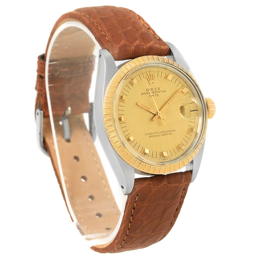 The Rolex Vintage Collection 1505 Men's Stainless Steel Champagne Dial 1505 Men's Stainless Steel Champagne Dial watch is shown at a three-quarter angle, displaying its face, bezel, case, crown, and leather strap.