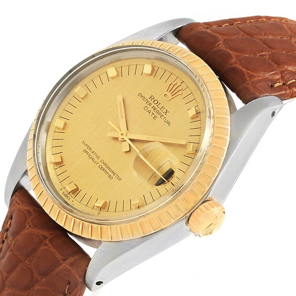 Rolex Date Stainless Steel 18k Yellow Gold Brown Strap Mens Watch 1505 ...