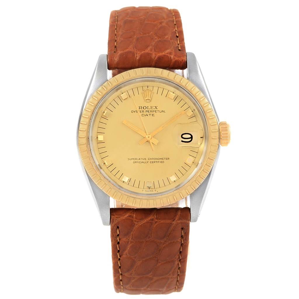 The Rolex Vintage Collection 1505 Men's Stainless Steel Champagne Dial 1505 Men's Stainless Steel Champagne Dial model is shown from a frontal angle, displaying the dial, bezel, crown, and leather strap.