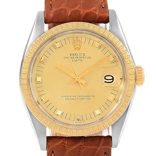 Photo of Rolex Date Stainless Steel 18k Yellow Gold Brown Strap Mens Watch 1505