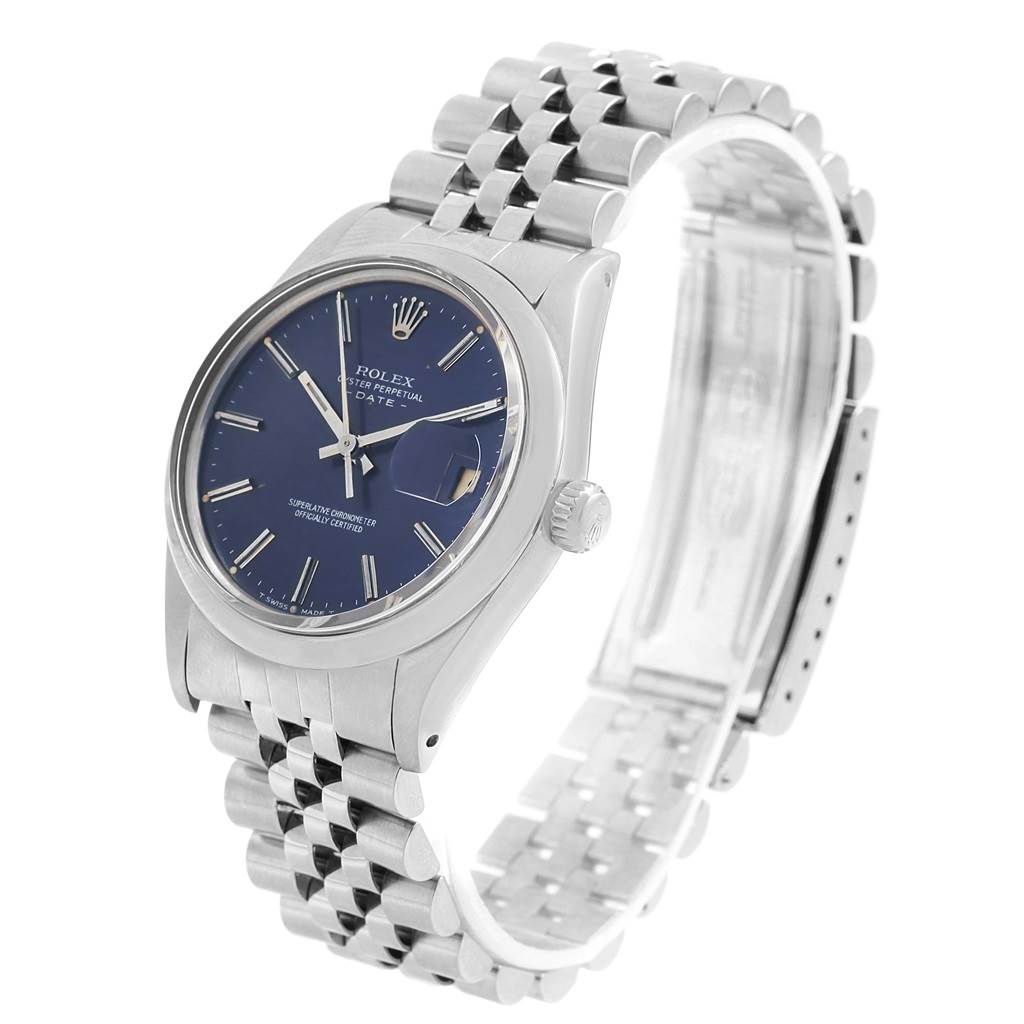 The image shows a Rolex Vintage Collection 15000 Men's Stainless Steel Blue Dial 15000 Men's Stainless Steel Blue Dial watch at a slight side angle, highlighting its face, bezel, crown, and bracelet.