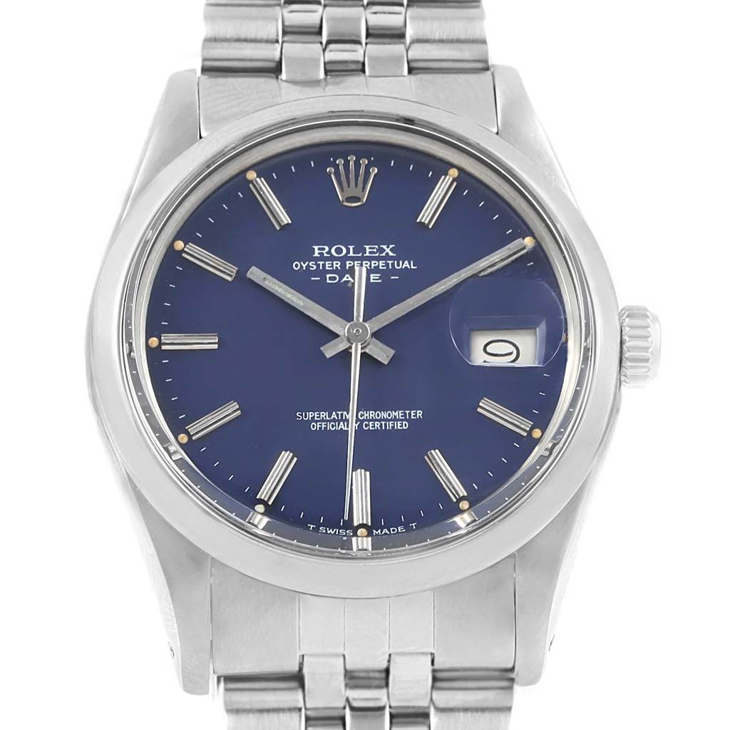 The image shows a frontal view of the Rolex Vintage Collection 15000 Men's Stainless Steel Blue Dial 15000 Men's Stainless Steel Blue Dial model watch, featuring its dial, crown, and bracelet.