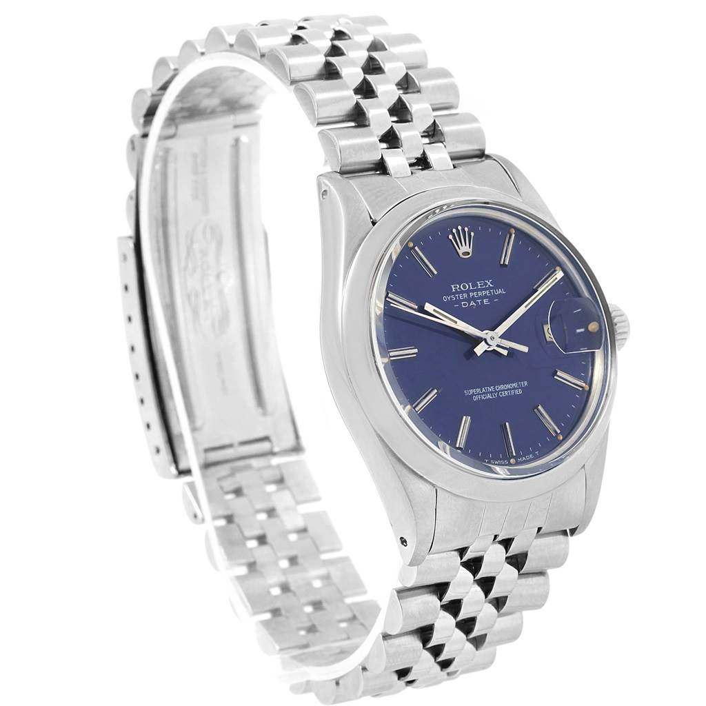The image shows a Rolex Vintage Collection 15000 Men's Stainless Steel Blue Dial 15000 Men's Stainless Steel Blue Dial watch at an angle highlighting its stainless steel case, blue dial, and metal bracelet.