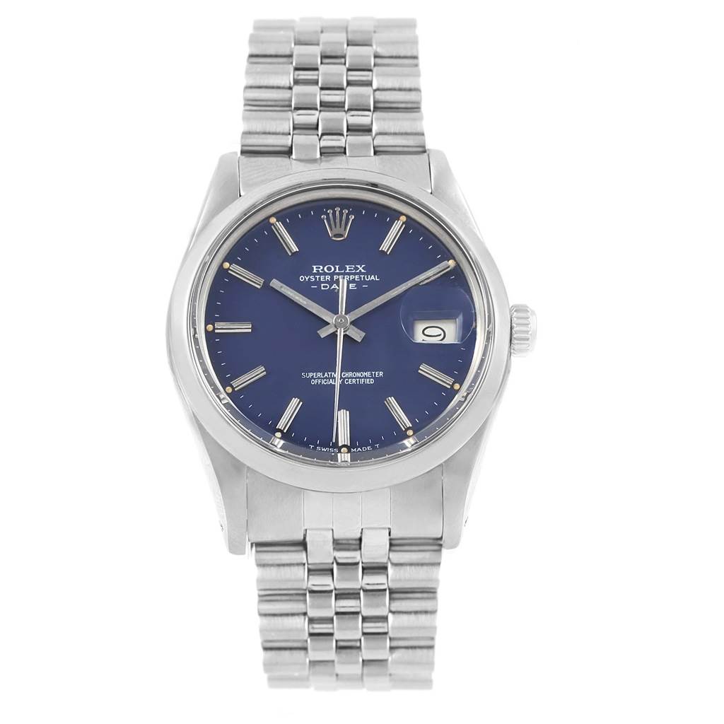 The image shows a frontal view of the Rolex Vintage Collection 15000 Men's Stainless Steel Blue Dial 15000 Men's Stainless Steel Blue Dial watch, featuring its blue dial, silver case, and metal bracelet.