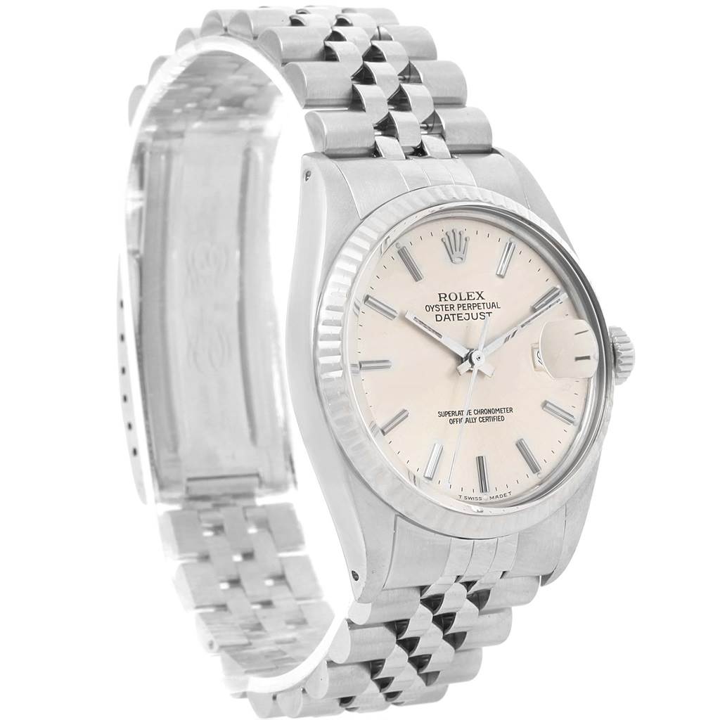 This image shows a Rolex Vintage Collection 16014 Men's Stainless Steel Silver Dial 16014 Men's Stainless Steel Silver Dial Oyster Perpetual Datejust watch from a three-quarter angle, including the dial and bracelet.