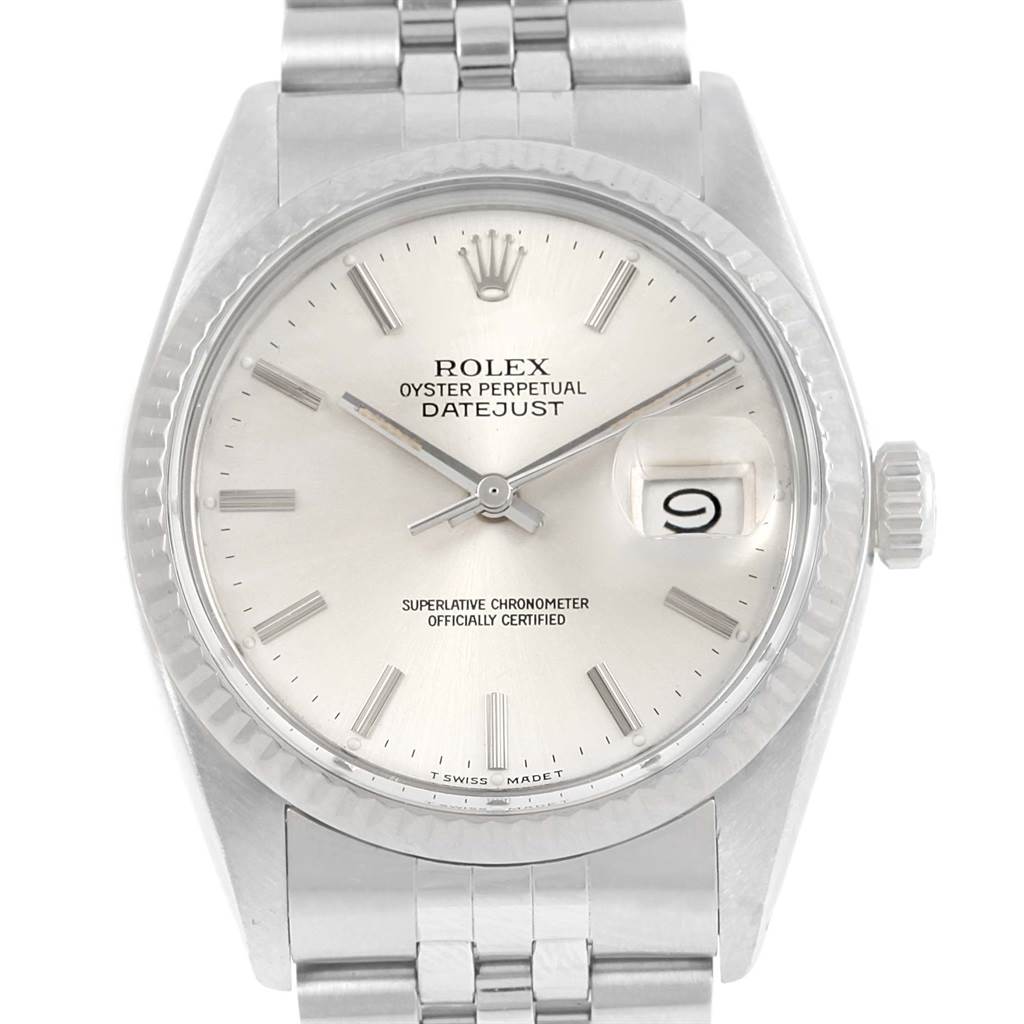The image shows a front view of the Rolex Vintage Collection 16014 Men's Stainless Steel Silver Dial 16014 Men's Stainless Steel Silver Dial Oyster Perpetual Datejust watch, highlighting the face, dial, and bracelet.