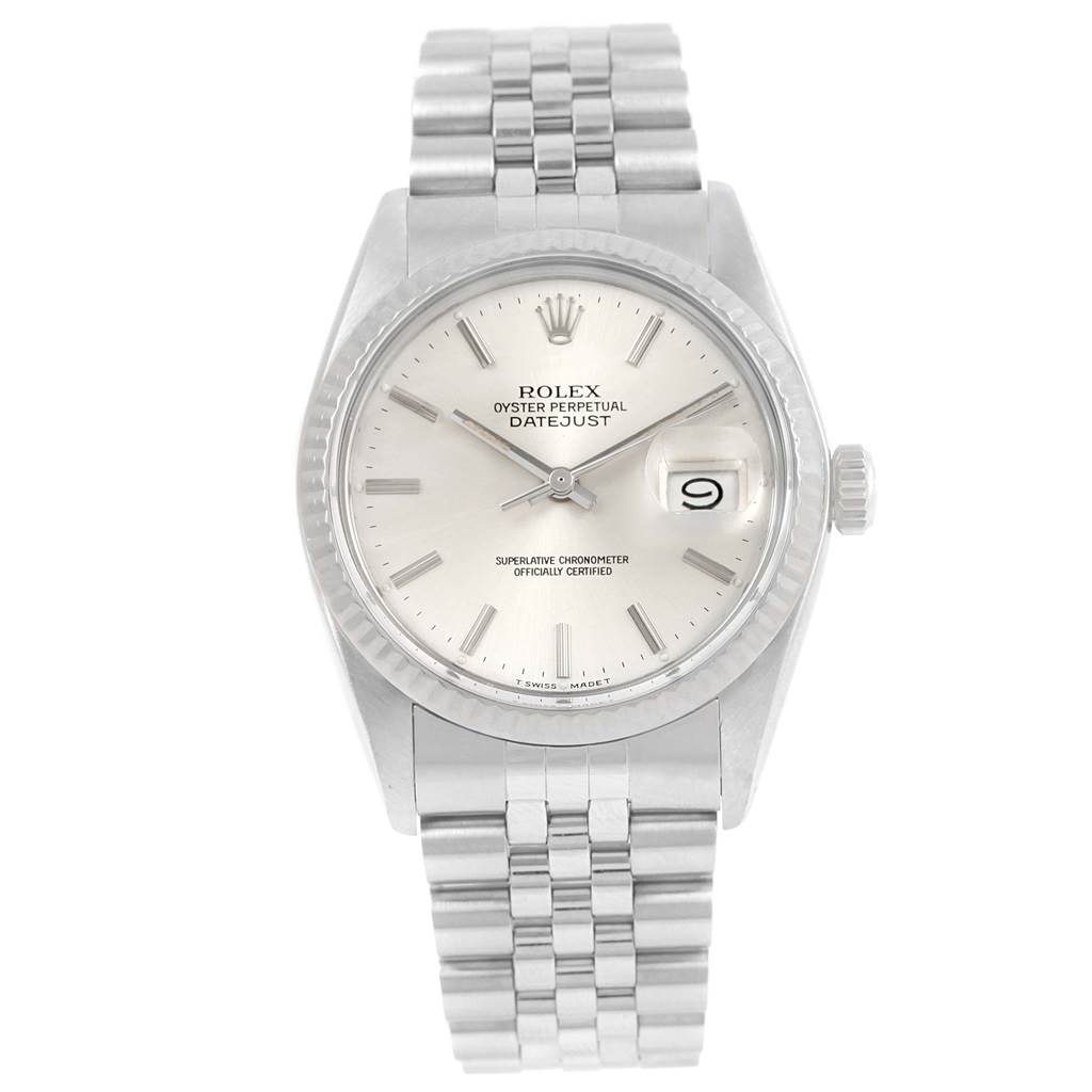 The Rolex Vintage Collection 16014 Men's Stainless Steel Silver Dial 16014 Men's Stainless Steel Silver Dial model is shown from the front, displaying its face, hour markers, hands, and date window.