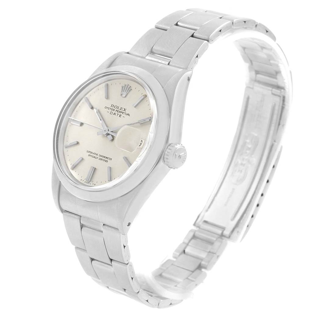 The image shows a Rolex Vintage Collection 1500 Men's Stainless Steel Silver Dial 1500 Men's Stainless Steel Silver Dial model watch angled from the right, highlighting the face, crown, and bracelet.