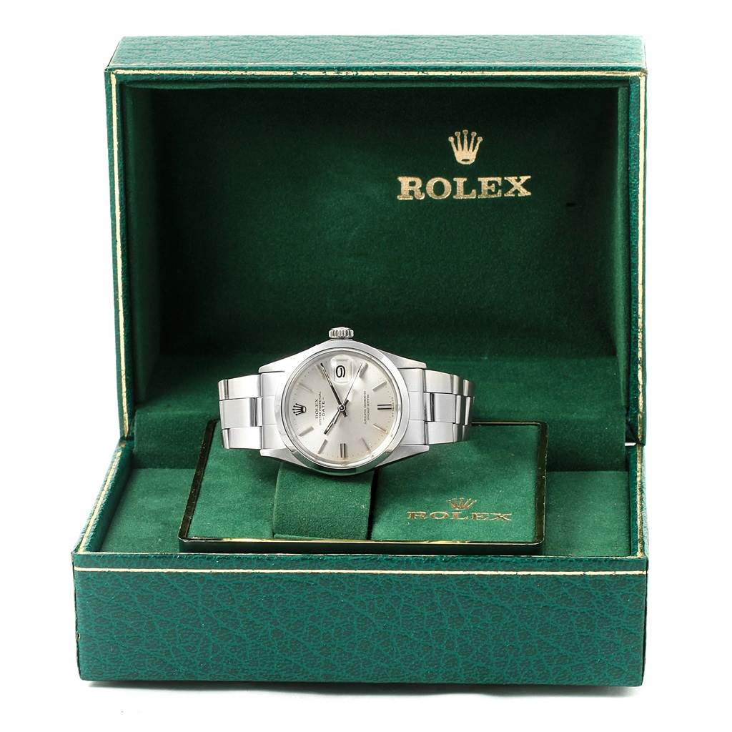 The Rolex Vintage Collection 1500 Men's Stainless Steel Silver Dial 1500 Men's Stainless Steel Silver Dial model watch is shown in its open green box, facing forward.