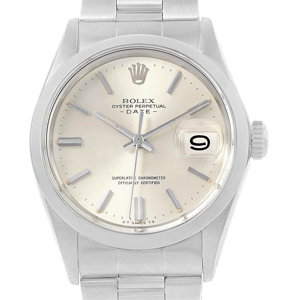The image shows a front view of a Rolex Vintage Collection 1500 Men's Stainless Steel Silver Dial 1500 Men's Stainless Steel Silver Dial Oyster Perpetual Date watch, highlighting its dial and bracelet.