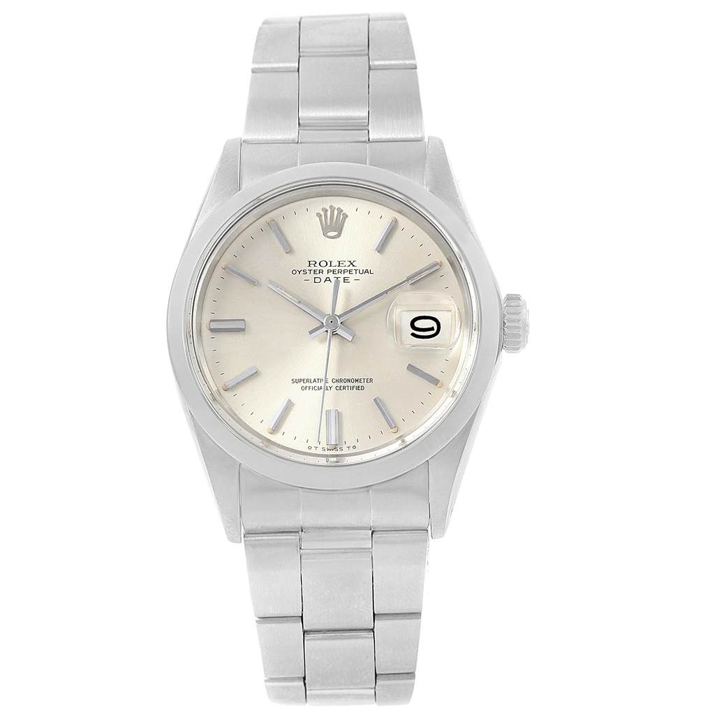 This image shows a Rolex Vintage Collection 1500 Men's Stainless Steel Silver Dial 1500 Men's Stainless Steel Silver Dial model watch with a silver dial and a stainless steel bracelet, viewed from the front.