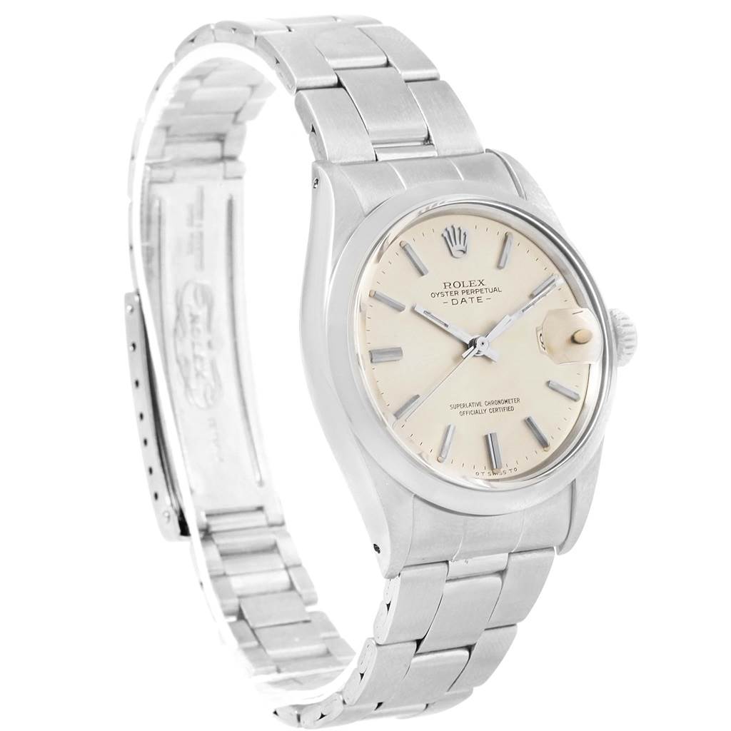 The image shows a side angle of the Rolex Vintage Collection 1500 Men's Stainless Steel Silver Dial 1500 Men's Stainless Steel Silver Dial watch, featuring the bracelet, clasp, dial, and crown.