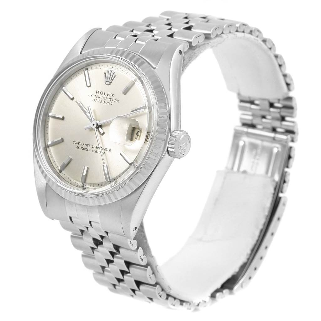 The photo shows a side angle of a Rolex Vintage Collection 1601 Men's Stainless Steel Silver Dial 1601 Men's Stainless Steel Silver Dial watch, highlighting its face, bezel, crown, and metal bracelet.