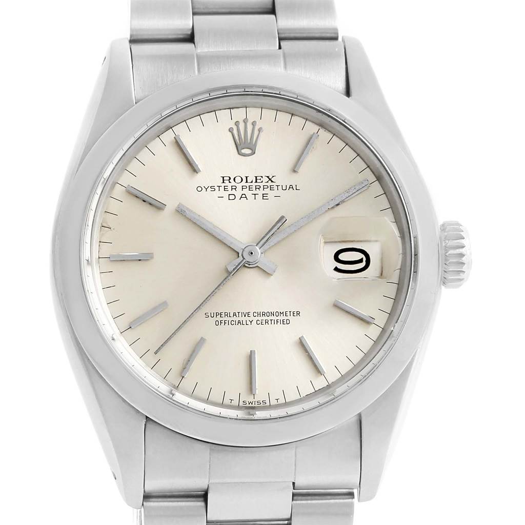 The image shows a front view of the Rolex Vintage Collection 1500 Men's Stainless Steel Silver Dial 1500 Men's Stainless Steel Silver Dial Oyster Perpetual Date watch, highlighting its face, bezel, and bracelet.