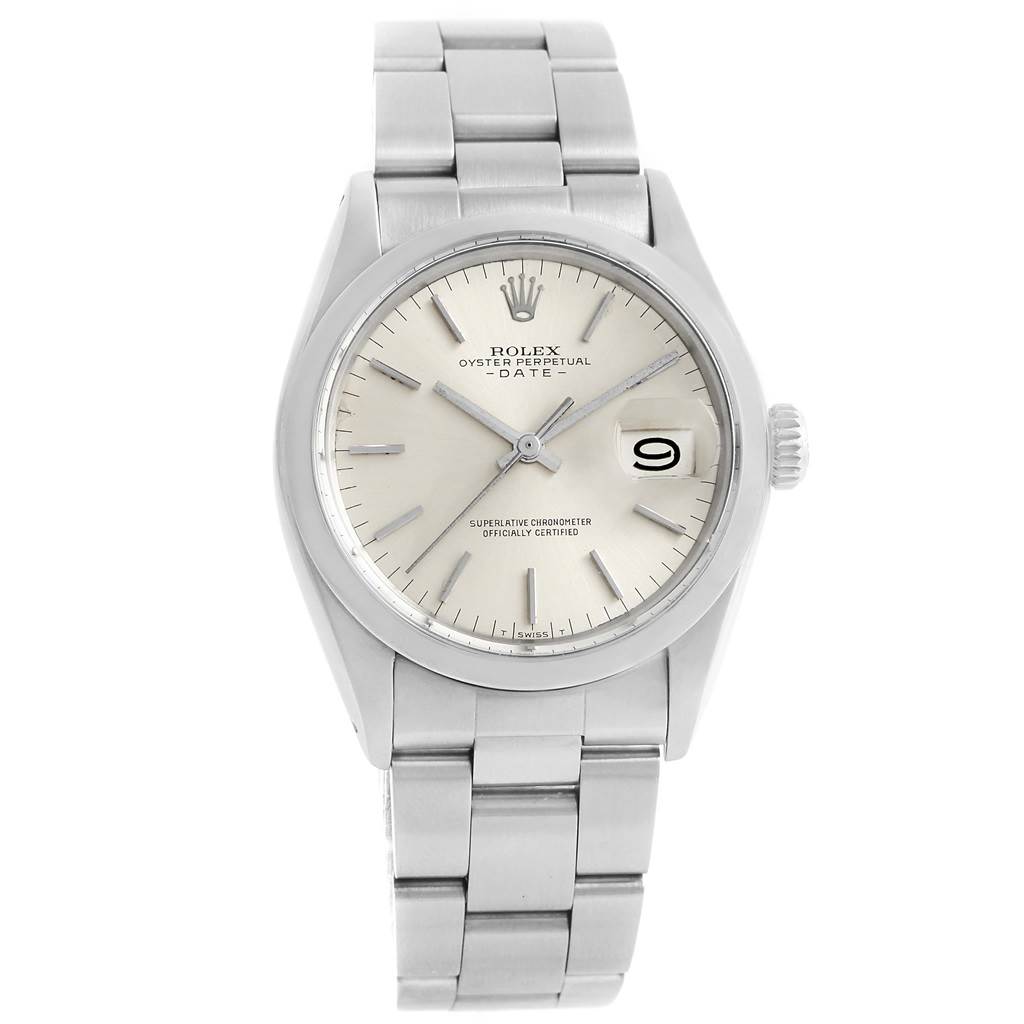 The image shows a front view of a Rolex Vintage Collection 1500 Men's Stainless Steel Silver Dial 1500 Men's Stainless Steel Silver Dial Oyster Perpetual Date watch displaying the face, bracelet, and crown.