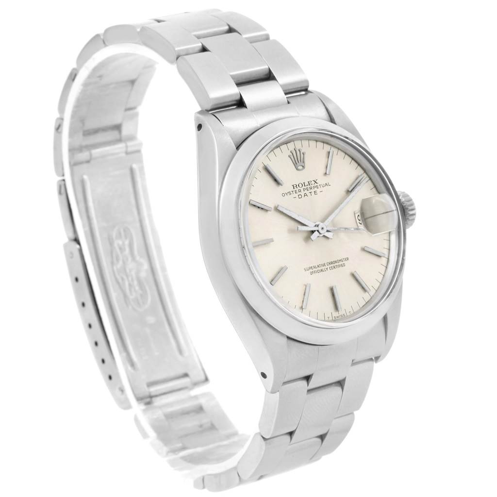 The Rolex Vintage Collection 1500 Men's Stainless Steel Silver Dial 1500 Men's Stainless Steel Silver Dial watch is shown at an angled view, highlighting the face, case, and partially open metal bracelet.