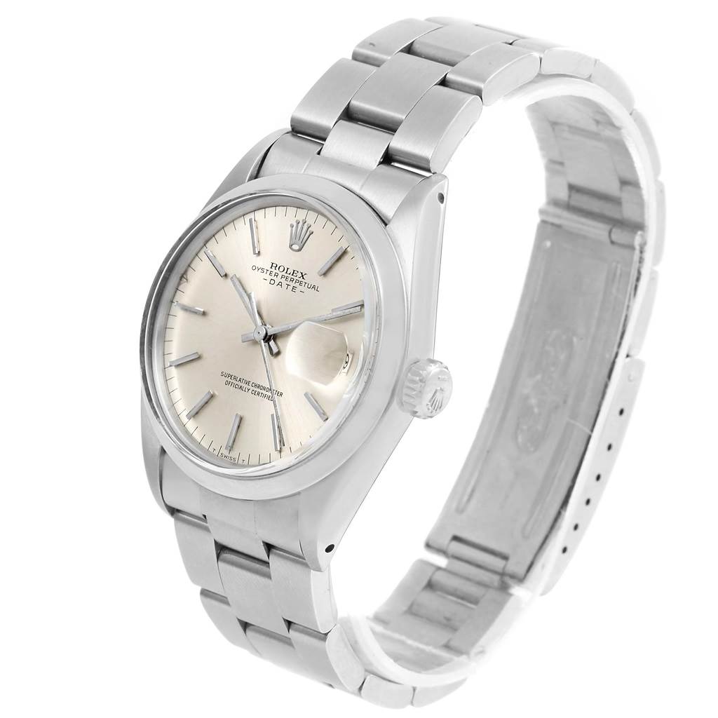 The image shows a Rolex Vintage Collection 1500 Men's Stainless Steel Silver Dial 1500 Men's Stainless Steel Silver Dial watch at a slight angle, displaying the face, bezel, crown, and part of the bracelet.