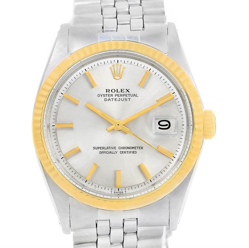 The image shows a front view of a Rolex Vintage Collection 1601 Men's Stainless Steel Silver Dial 1601 Men's Stainless Steel Silver Dial model, showcasing the dial, bezel, crown, and part of the bracelet.