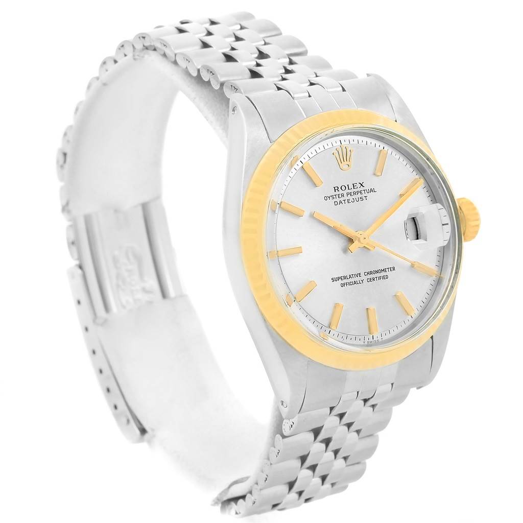 This image shows a side angle of the Rolex Vintage Collection 1601 Men's Stainless Steel Silver Dial 1601 Men's Stainless Steel Silver Dial watch, highlighting its face, bezel, crown, and bracelet.