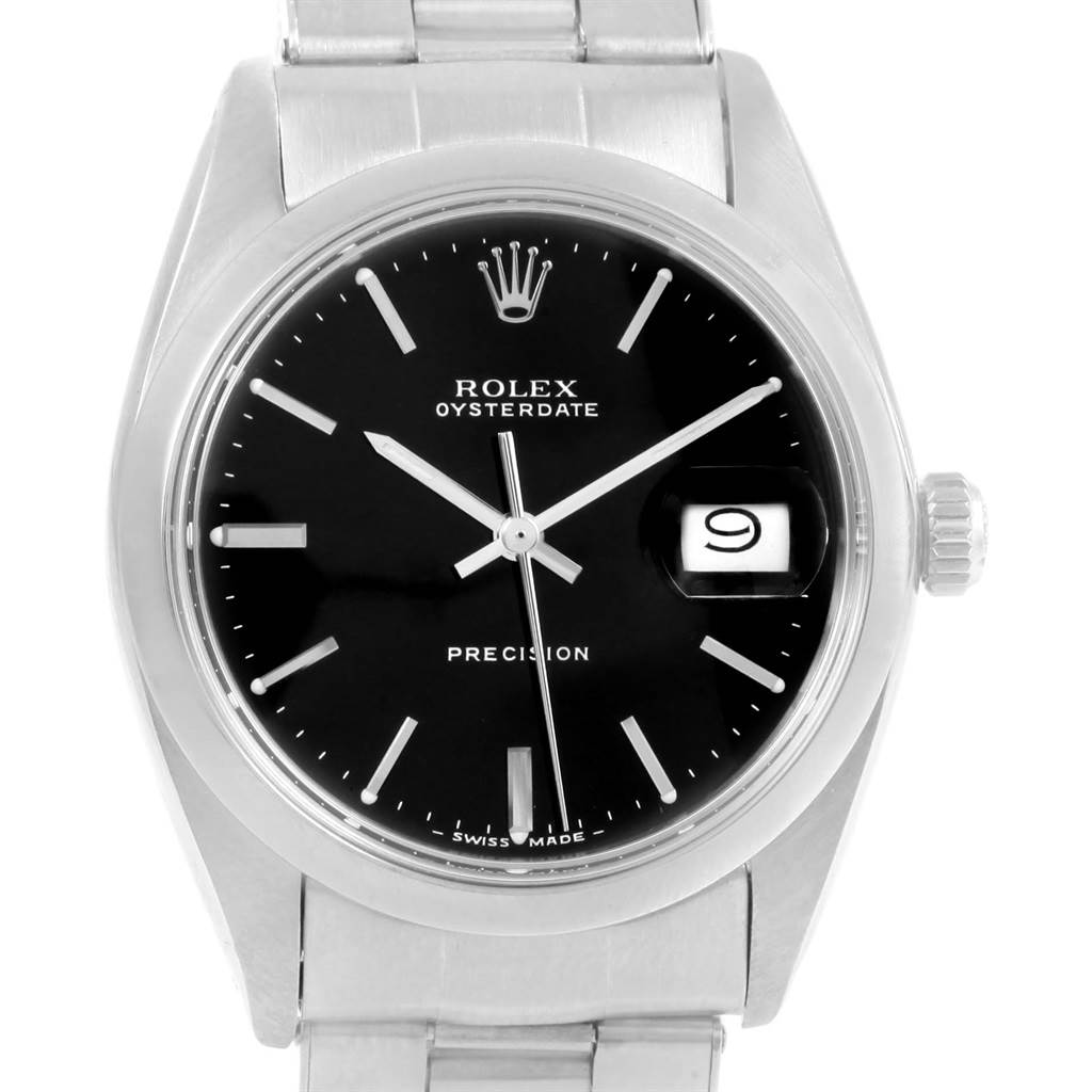 The image shows a front view of the Rolex Vintage Collection 6694 Men's Stainless Steel Black Dial 6694 Men's Stainless Steel Black Dial Oysterdate watch, displaying its black dial, date window, and stainless steel bracelet.