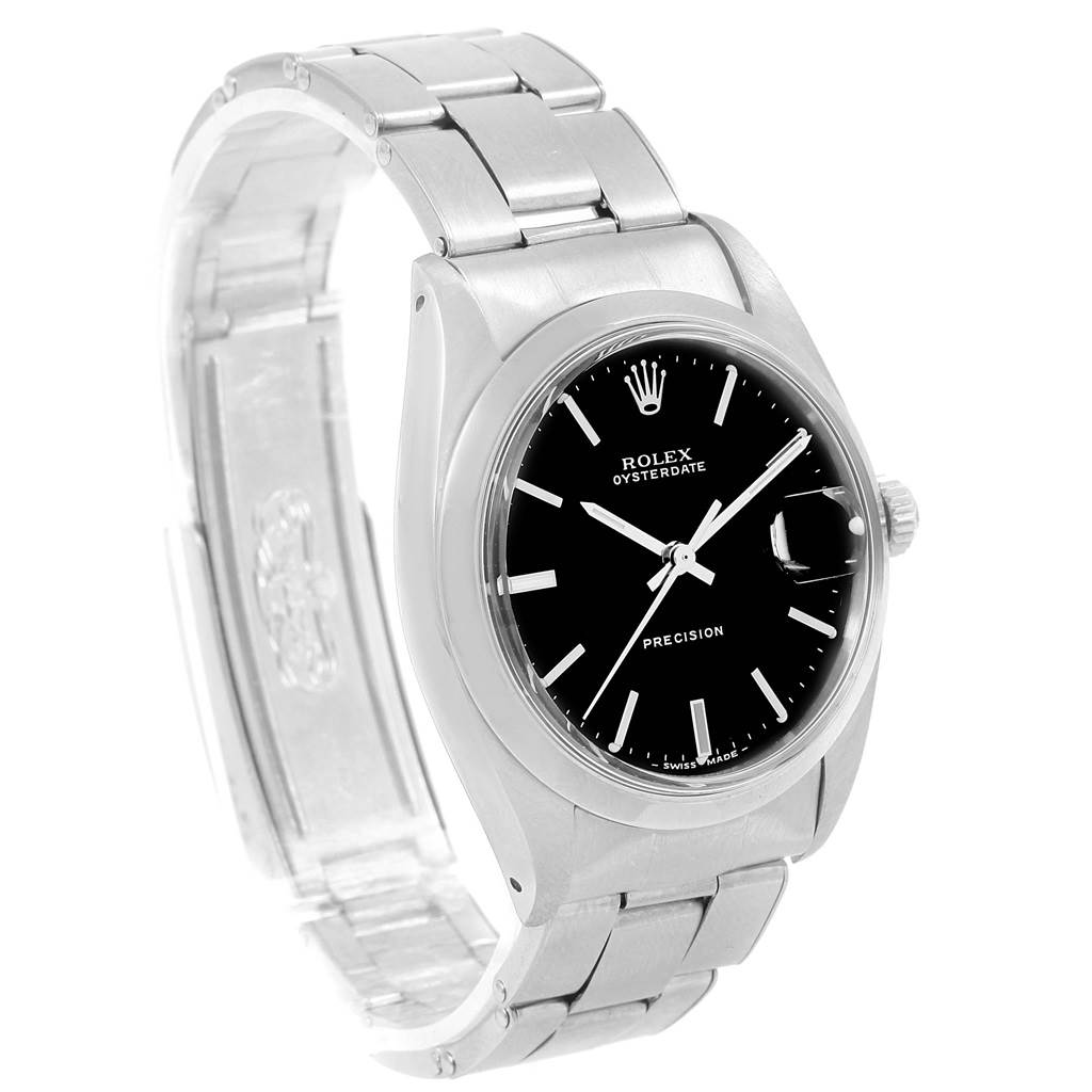 The image shows a side view of the Rolex Vintage Collection 6694 Men's Stainless Steel Black Dial 6694 Men's Stainless Steel Black Dial Oysterdate watch, highlighting the bracelet and black dial.