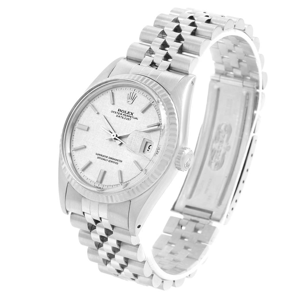 The watch shown is the Rolex Vintage Collection 1601 Men's Stainless Steel Silver Dial 1601 Men's Stainless Steel Silver Dial model, captured at an angled side view highlighting its dial, bracelet, and clasp.