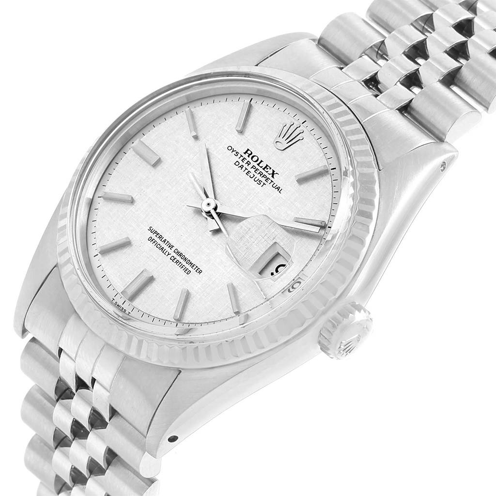 The image shows an angled view of the Rolex Vintage Collection 1601 Men's Stainless Steel Silver Dial 1601 Men's Stainless Steel Silver Dial model, highlighting the dial, bezel, crown, and part of the bracelet.