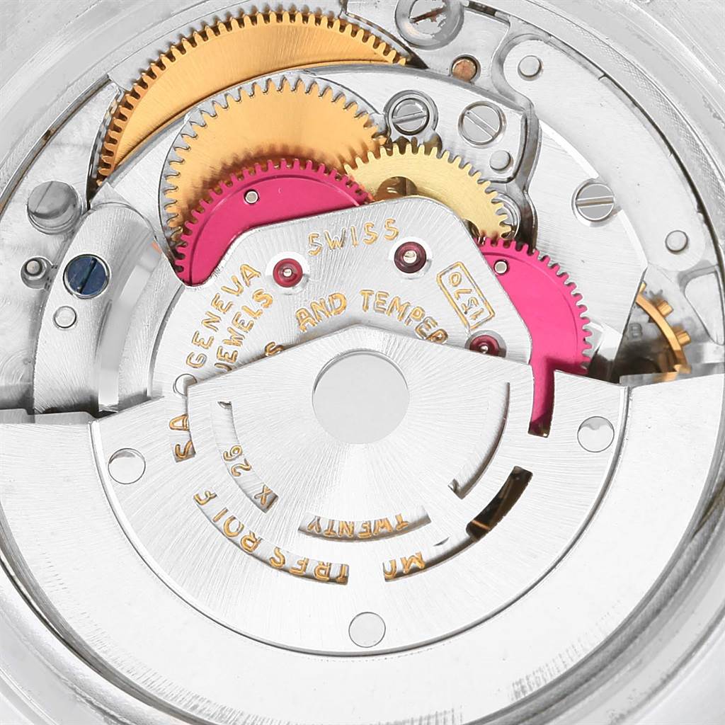 This image shows the internal movement mechanism of the Vintage Collection model by Rolex from a close-up angle.