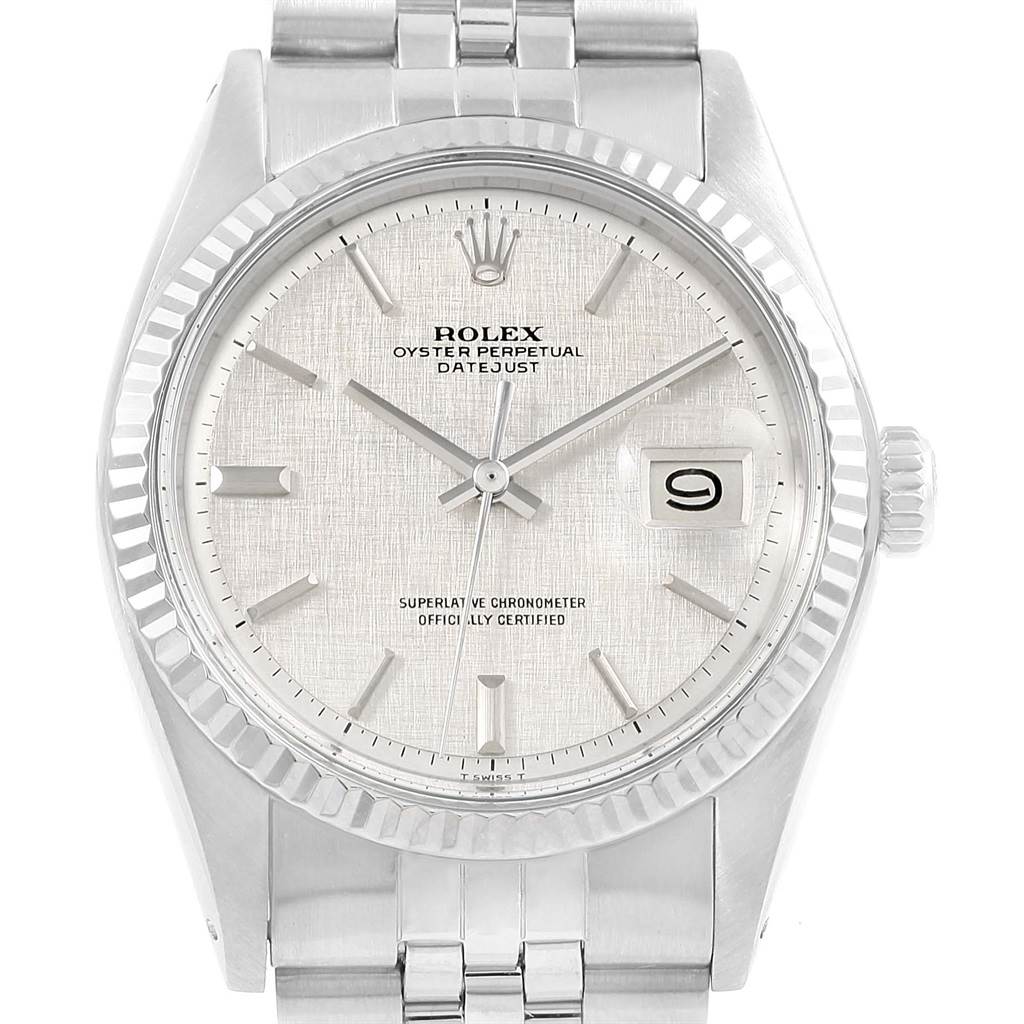 The image shows a front view of a Rolex Vintage Collection 1601 Men's Stainless Steel Silver Dial 1601 Men's Stainless Steel Silver Dial Datejust watch, highlighting its face, dial, bezel, and part of the bracelet.