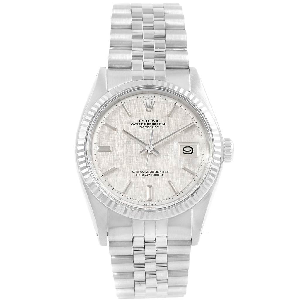 The image shows a front view of a Rolex Vintage Collection 1601 Men's Stainless Steel Silver Dial 1601 Men's Stainless Steel Silver Dial Oyster Perpetual Datejust watch.