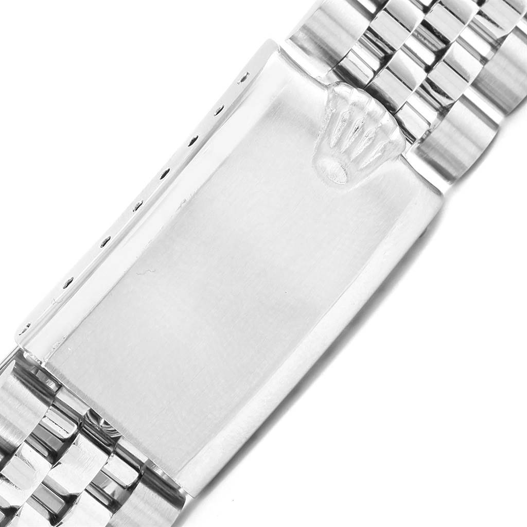 This is a close-up of the clasp on a Rolex Vintage Collection 1601 Men's Stainless Steel Silver Dial 1601 Men's Stainless Steel Silver Dial watch.