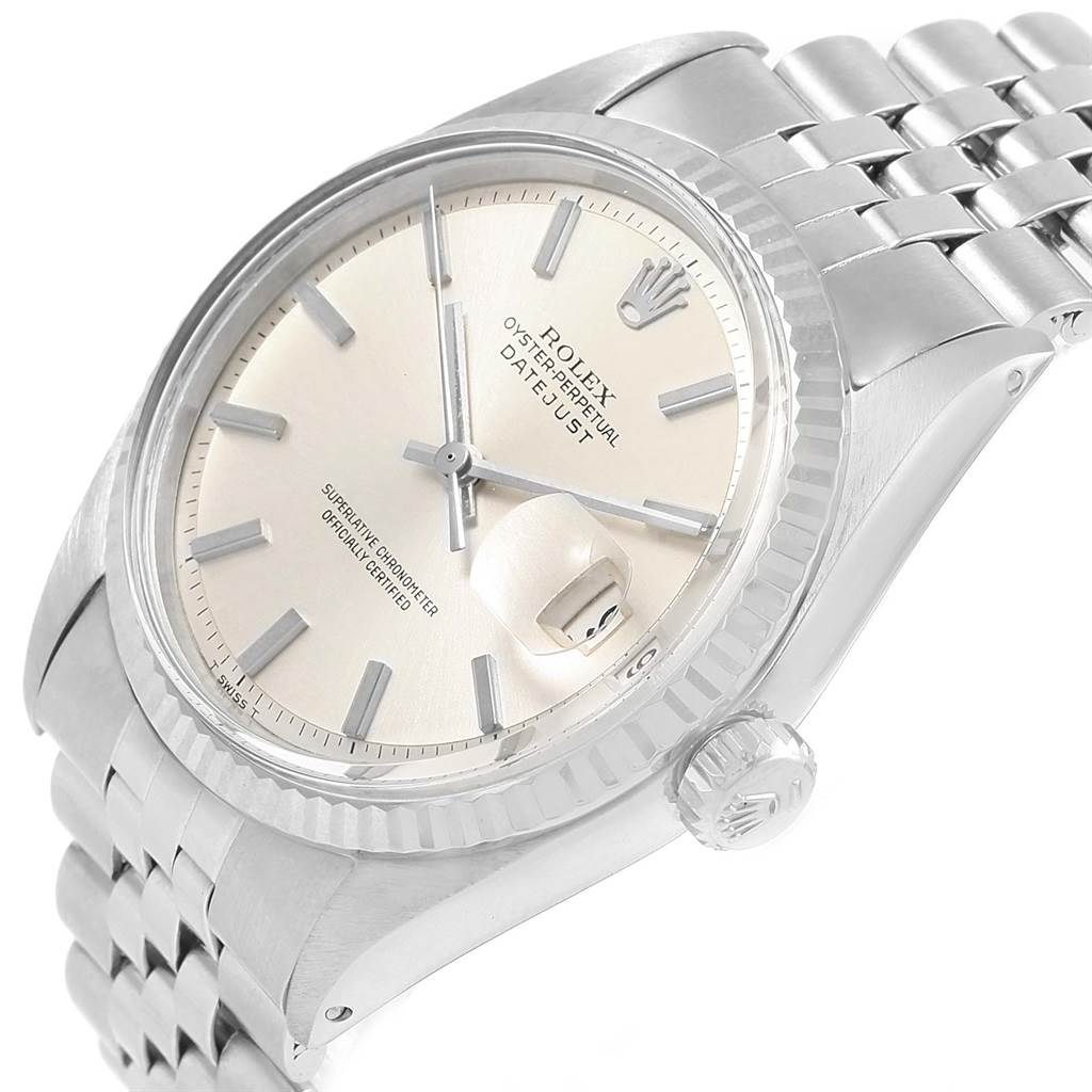 The Rolex Vintage Collection 1601 Men's Stainless Steel Silver Dial 1601 Men's Stainless Steel Silver Dial watch is shown at an angled close-up, displaying its face, crown, and part of the bracelet.