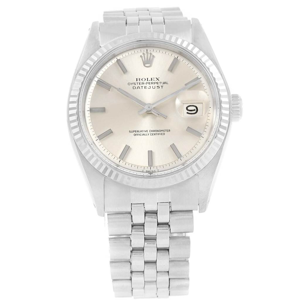The Rolex Vintage Collection 1601 Men's Stainless Steel Silver Dial 1601 Men's Stainless Steel Silver Dial model is shown from the front, highlighting the dial, hands, date window, case, and bracelet.