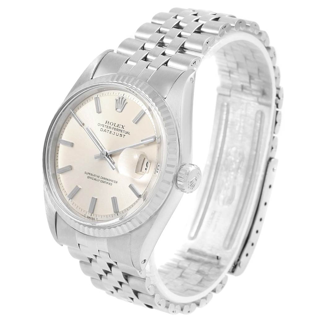 The image shows a front-left angled view of the Rolex Vintage Collection 1601 Men's Stainless Steel Silver Dial 1601 Men's Stainless Steel Silver Dial Datejust watch, highlighting its face, bezel, and bracelet.