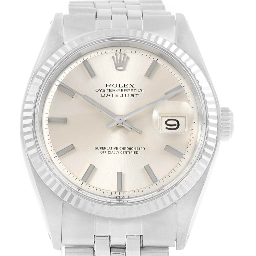 The image shows a front view of a Rolex Vintage Collection 1601 Men's Stainless Steel Silver Dial 1601 Men's Stainless Steel Silver Dial Oyster-Perpetual Datejust watch, highlighting the dial, case, and bracelet.