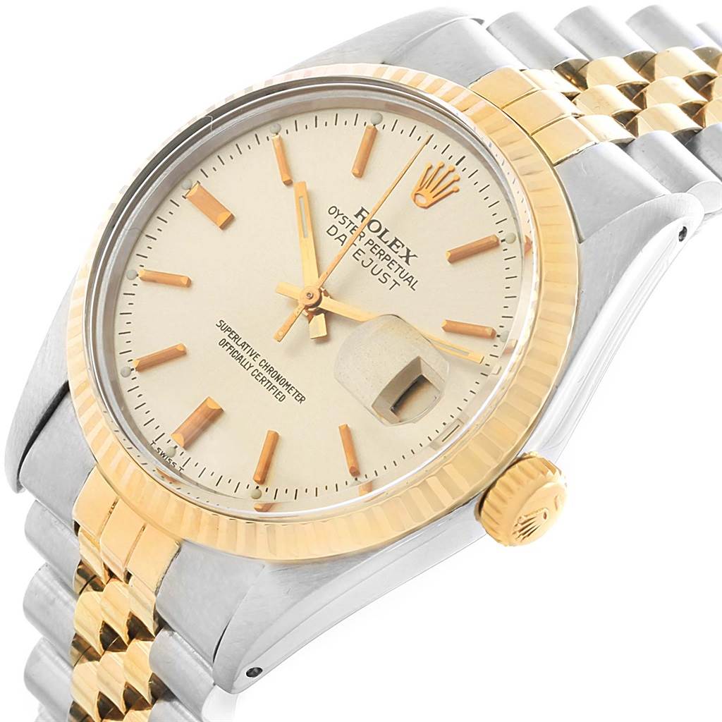 The image shows the face, bezel, crown, and part of the bracelet of the Rolex Vintage Collection 16013 Men's Stainless Steel Silver Dial 16013 Men's Stainless Steel Silver Dial Oyster Perpetual Datejust watch at an angled side view.