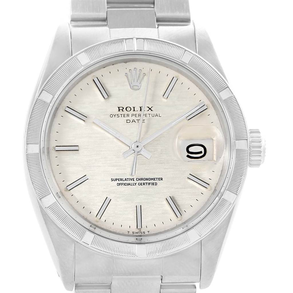 The image shows a front view of the face and bracelet of the Rolex Vintage Collection 1501 Men's Stainless Steel Silver Dial 1501 Men's Stainless Steel Silver Dial Oyster Perpetual Date model.