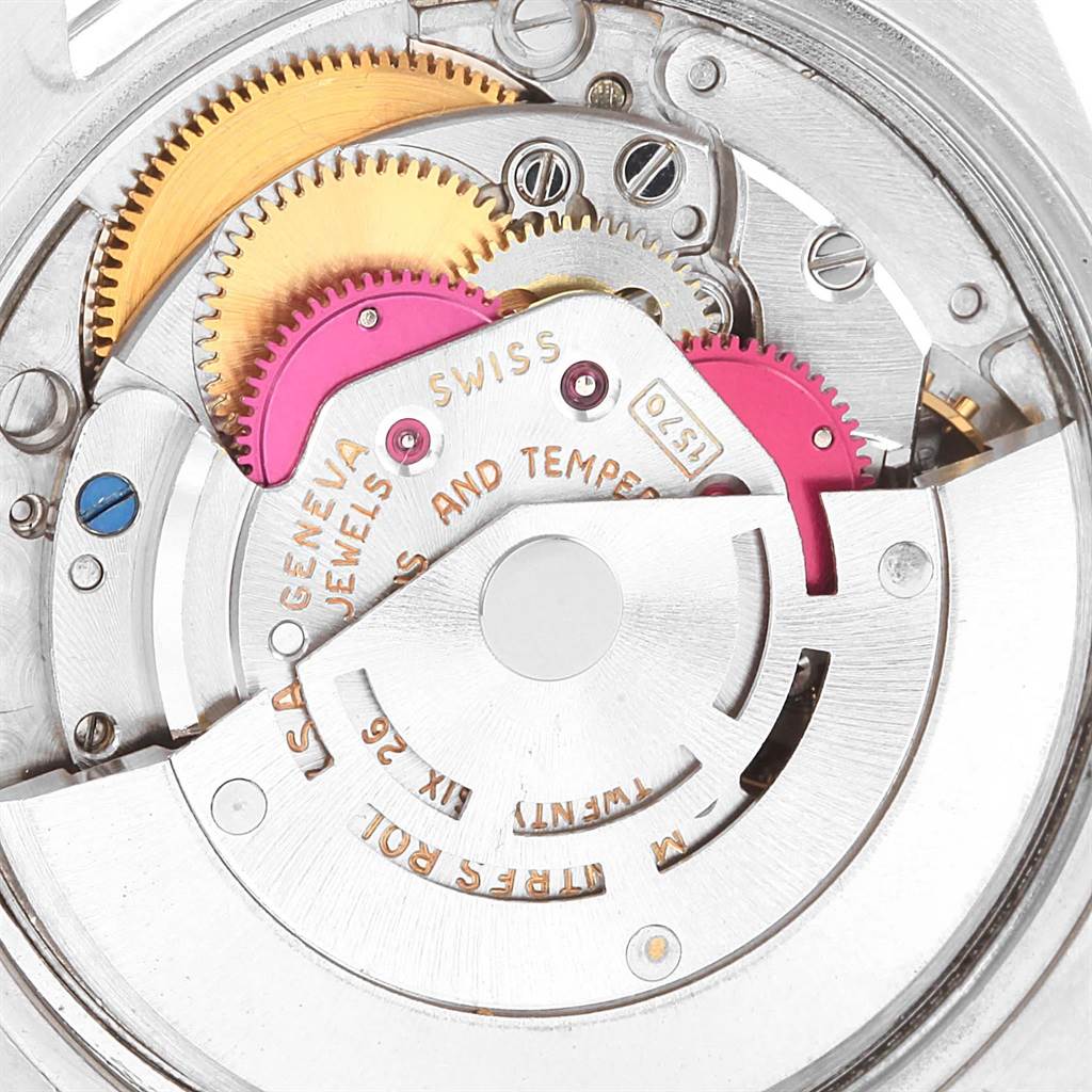 The image shows the internal mechanical movement components of the Rolex Vintage Collection 1501 Men's Stainless Steel Silver Dial 1501 Men's Stainless Steel Silver Dial watch, including gears and jewels, viewed from the rear.