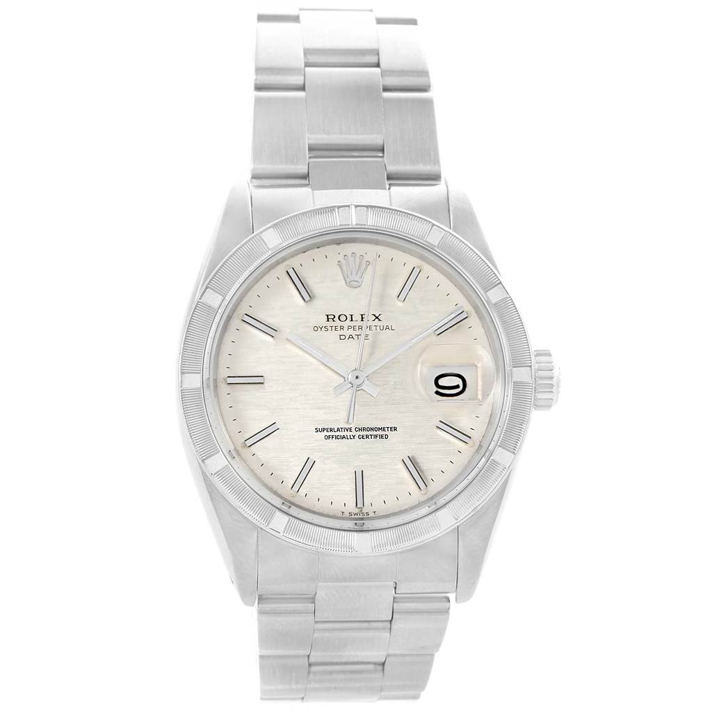 The image shows a front view of the Rolex Vintage Collection 1501 Men's Stainless Steel Silver Dial 1501 Men's Stainless Steel Silver Dial watch, highlighting its dial, bezel, bracelet, and date window.
