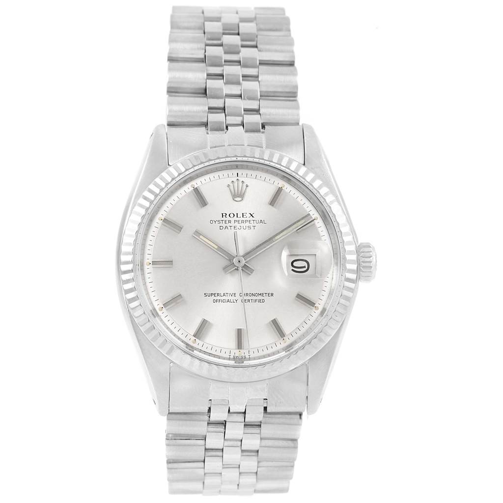 The Rolex Vintage Collection 1601 Men's Stainless Steel Silver Dial 1601 Men's Stainless Steel Silver Dial watch is shown from a top-down angle, displaying the watch face, date window, and metal bracelet.