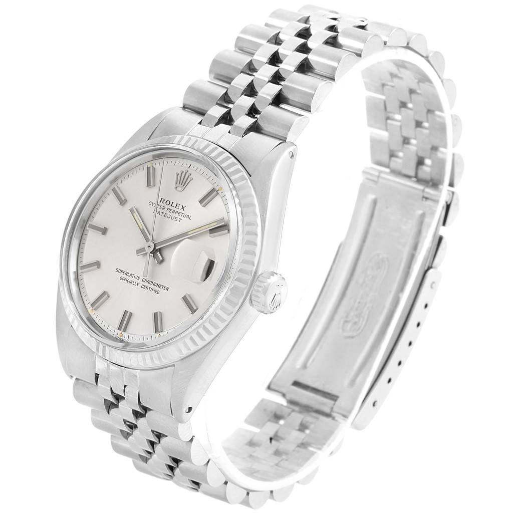 The image shows a Rolex Vintage Collection 1601 Men's Stainless Steel Silver Dial 1601 Men's Stainless Steel Silver Dial watch from an angled top view, highlighting its face, dial, case, and bracelet.